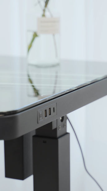 T302 marble glass standing desk with USB hub on the side of the tabletop