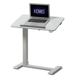 KOWO tilted top cordless small standing desk in white colour. This adjustable laptop stand features a gas spring mechanism that allows for seamless tilting of the tabletop to your desired angle. It also comes with a rechargeable battery so no need to find a power outlet. 