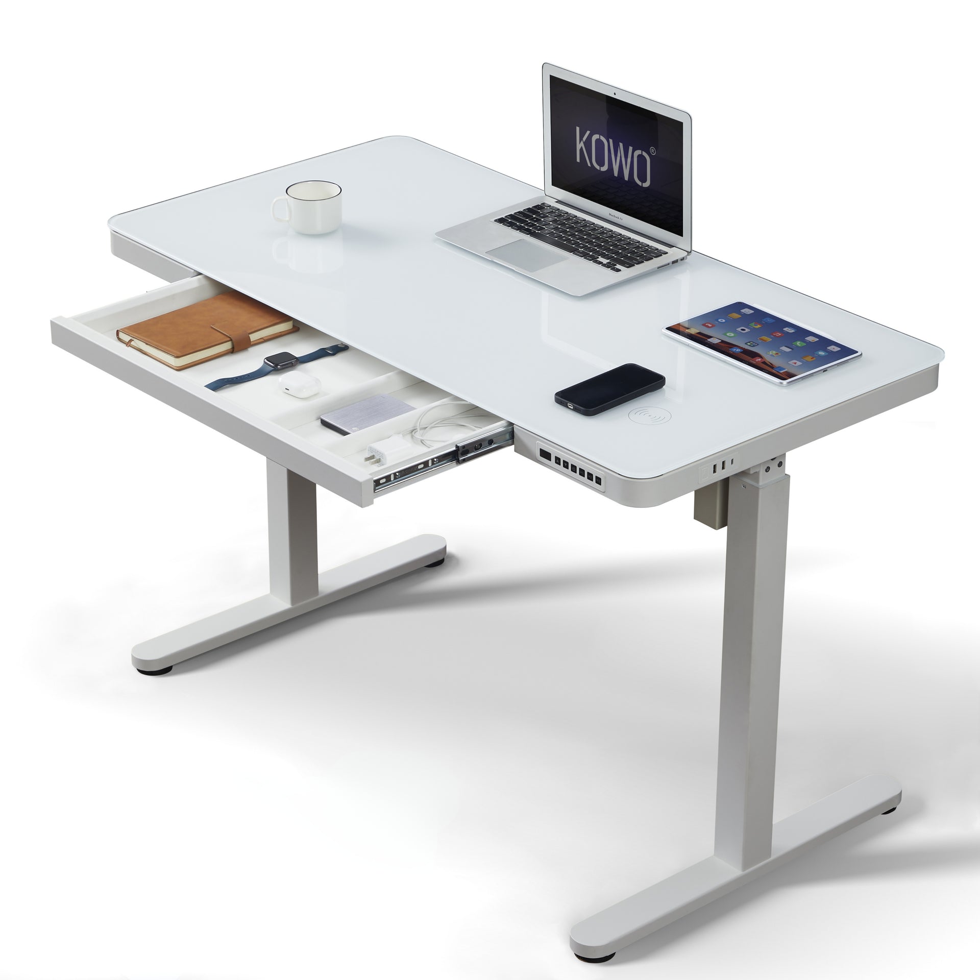 KOWO Glass Top Standing Desk with Drawers, Wireless USB Chargers