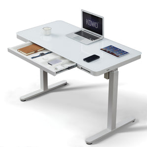 Kowo white tempered glass top standing desk with drawers