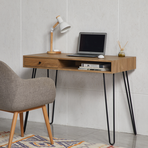 Mid-century Hairpin writing desk in oak colour, the tabletop comes in rich light walnut wood finish, making it ideal for home office.