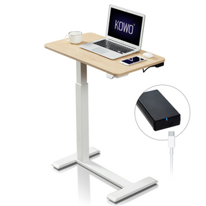KOWO cordless electric laptop standing desk in oak colour, it comes with a rechargeable battery that lasts up to 90 times of adjustable movements, so you can work anytime without finding a power outlet!