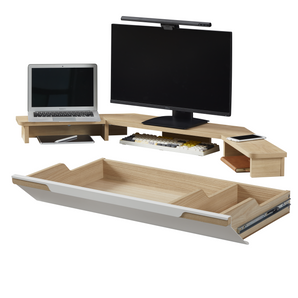 Kowo K314 corner standing desk accessories set in oak includes one monitor stand for desk and one desk drawer