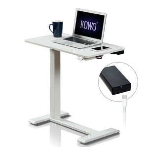KOWO cordless electric laptop standing desk in white colour, it comes with a rechargeable battery that lasts up to 90 times of adjustable movements, so you can work anytime without finding a power outlet!