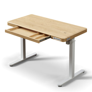 KOWO K3101 standing desk with storage drawer, wireless charger on the chamfered tabletop in maple colour perfect home office users