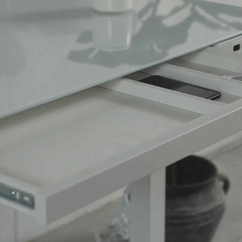 K302 glass standing desk with built-in drawer