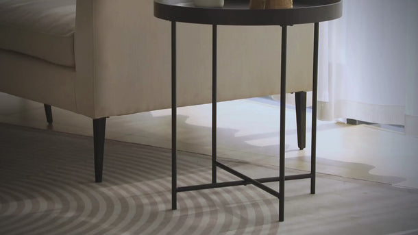 Product showcase video featuring Aviina black round side table details and settings